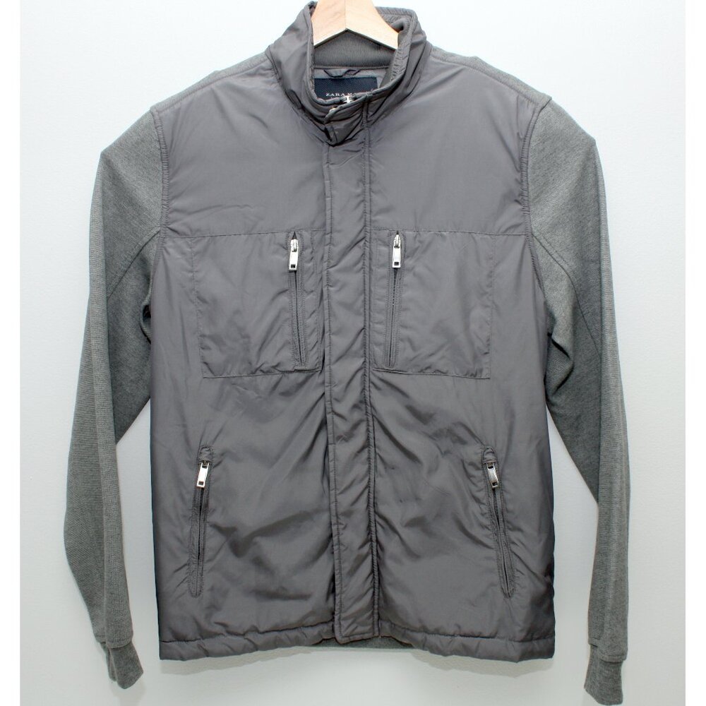Zara Man Full Zip and Snaps Long Sleeve Sweater Large Gray Unique Front Design